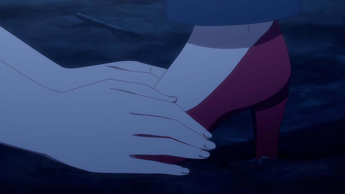 咲がまことにヒールを履かせるシーン